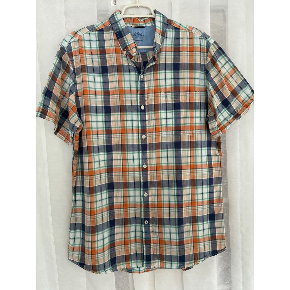 Izod Saltwater‎ Mens Large Orange Navy Blue Plaid Short Sleeve Button Down Shirt